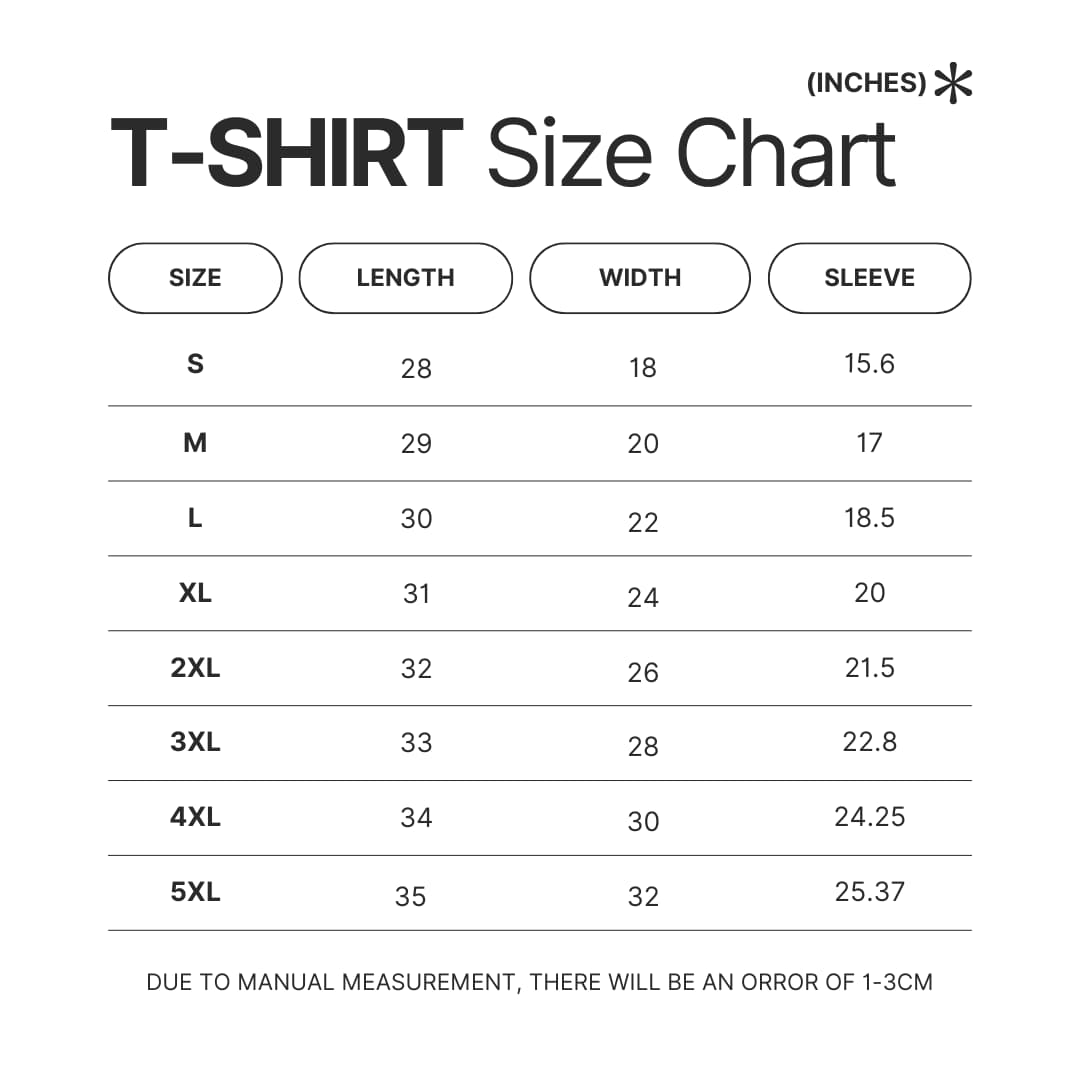3D T shirt Size Chart - Meshuggah Merch
